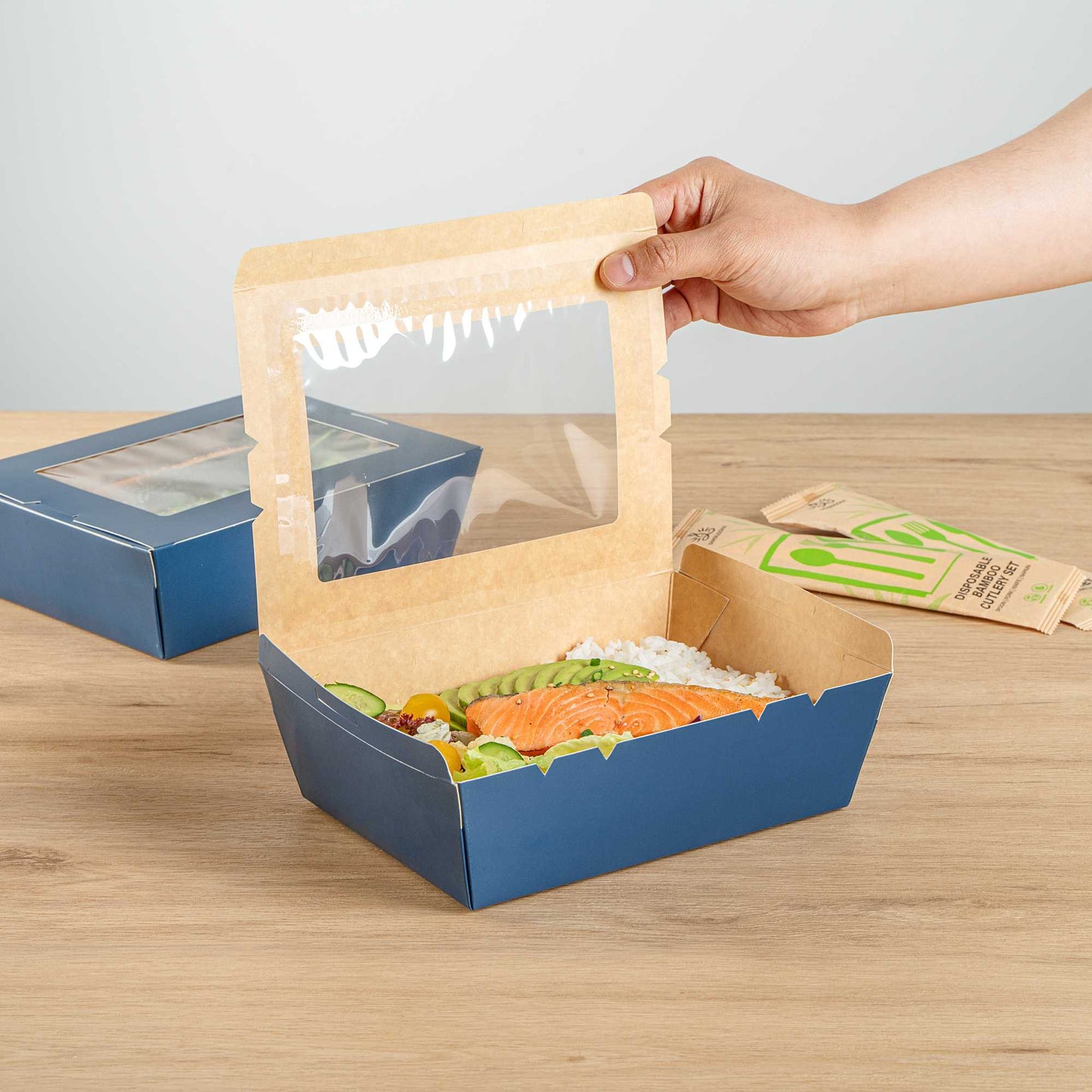 Cafe Vision 71 oz Midnight Blue Paper Large Take Out Container - Hinge Lock - 8 3/4" x 6 1/2" x 2 1/2" - 50 count box
