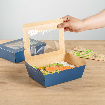 Cafe Vision 71 oz Midnight Blue Paper Large Take Out Container - Hinge Lock - 8 3/4" x 6 1/2" x 2 1/2" - 200 count box