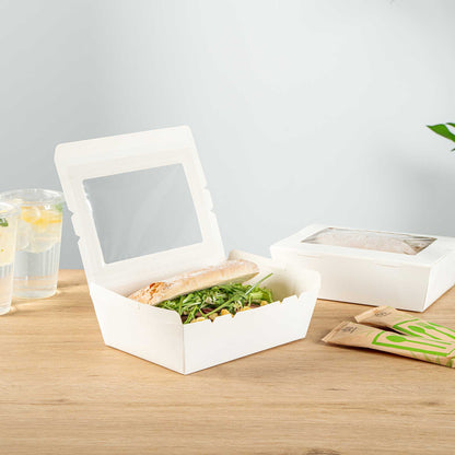 Cafe Vision 71 oz White Paper Large Take Out Container - Hinge Lock - 8 3/4" x 6 1/2" x 2 1/2" - 50 count box