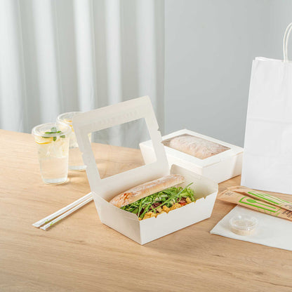 Cafe Vision 71 oz White Paper Large Take Out Container - Hinge Lock - 8 3/4" x 6 1/2" x 2 1/2" - 50 count box
