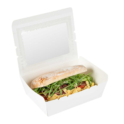 Cafe Vision 71 oz White Paper Large Take Out Container - Hinge Lock - 8 3/4" x 6 1/2" x 2 1/2" - 200 count box