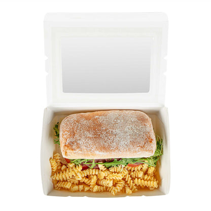 Cafe Vision 71 oz White Paper Large Take Out Container - Hinge Lock - 8 3/4" x 6 1/2" x 2 1/2" - 200 count box