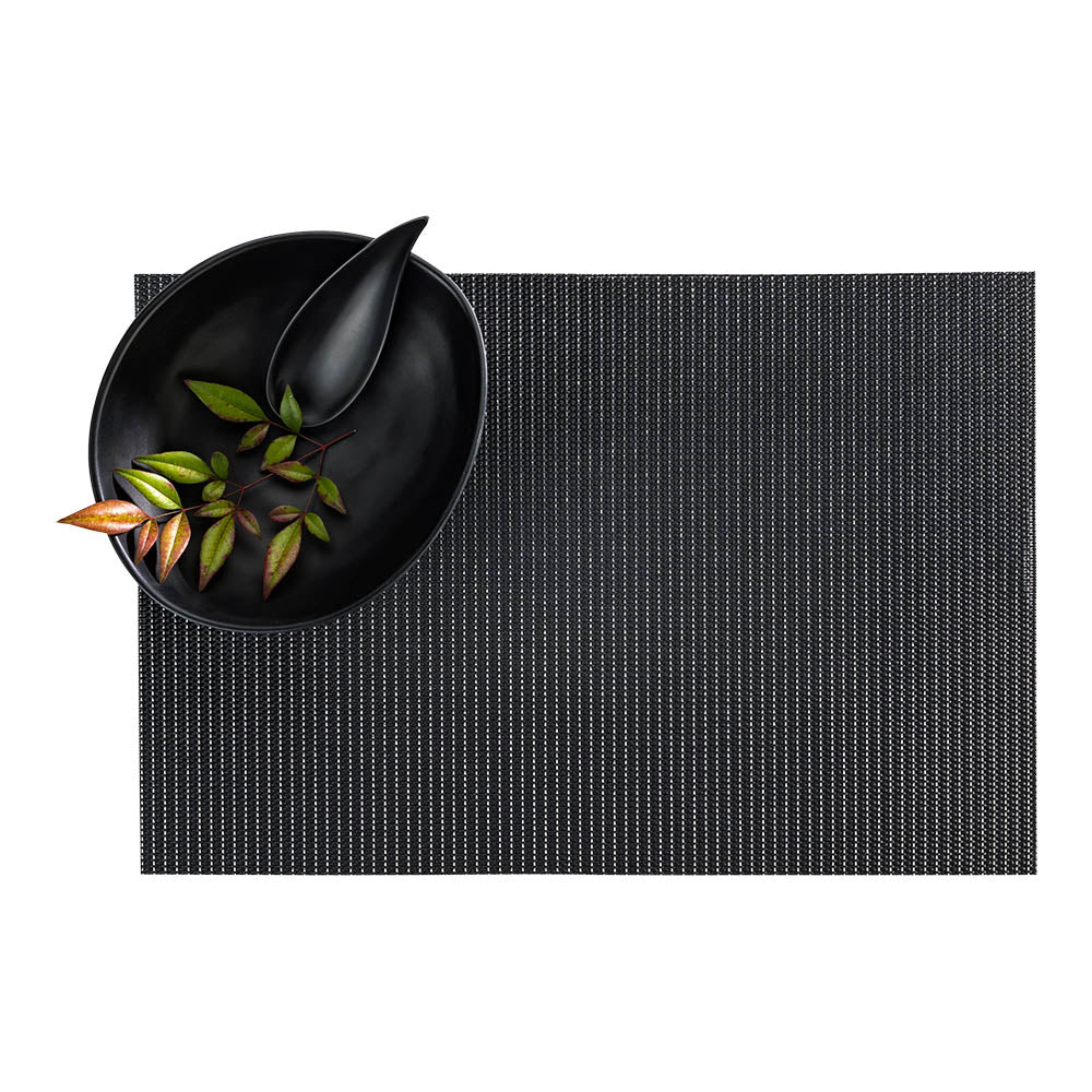 Amalfi Basketweave Silver Pinstripe Black Vinyl Woven Placemat - with Silver Threads - 16" x 12" - 6 count box