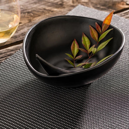 Amalfi Basketweave Silver Pinstripe Black Vinyl Woven Placemat - with Silver Threads - 16" x 12" - 6 count box