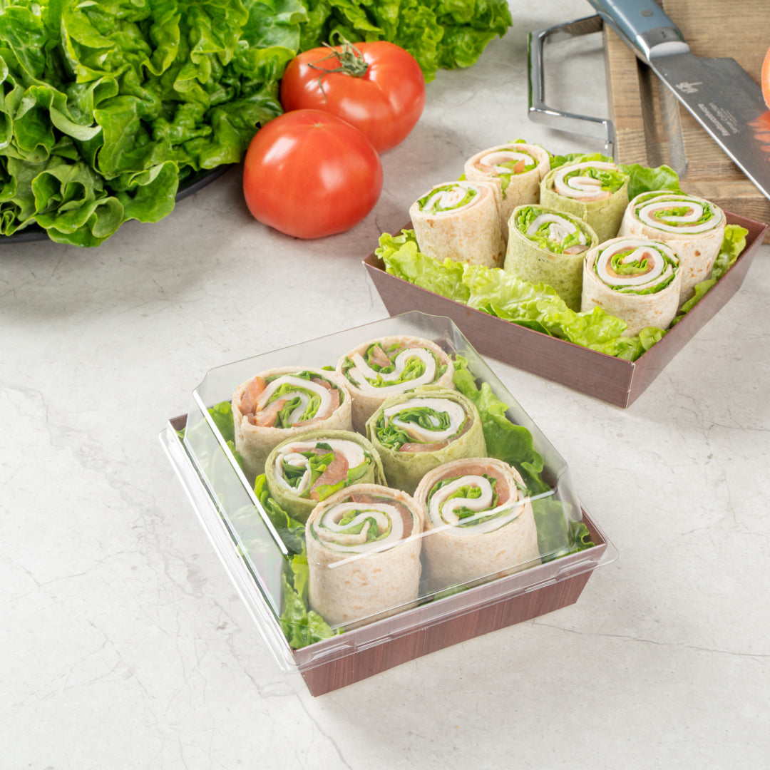 Matsuri Vision Wood Grain Paper Large Sushi Container - 5" x 4 1/2" x 1 1/2" - 100 count box