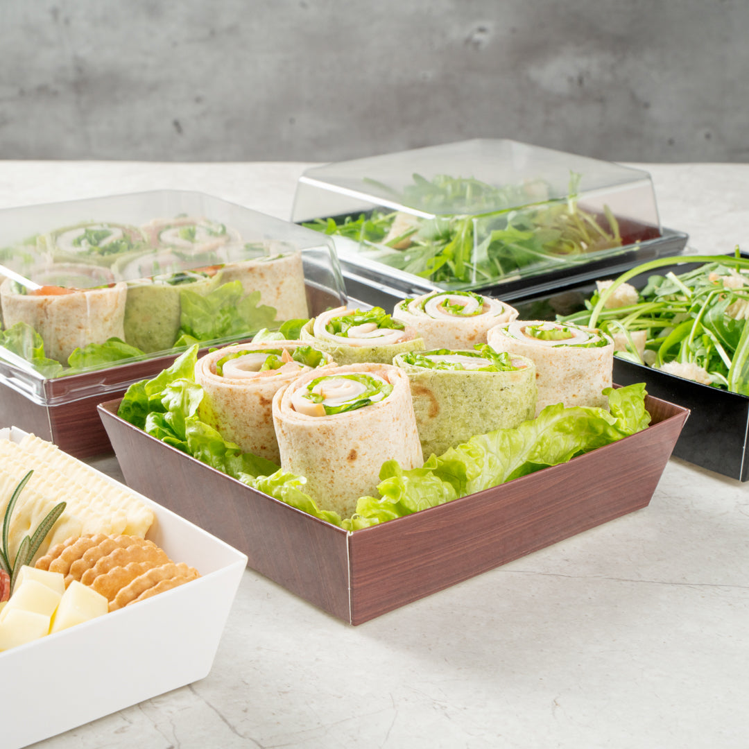 Matsuri Vision Wood Grain Paper Large Sushi Container - 5" x 4 1/2" x 1 1/2" - 100 count box