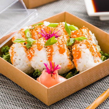 Matsuri Vision Kraft Paper Large Sushi Container - 5" x 4 1/2" x 1 1/2" - 100 count box