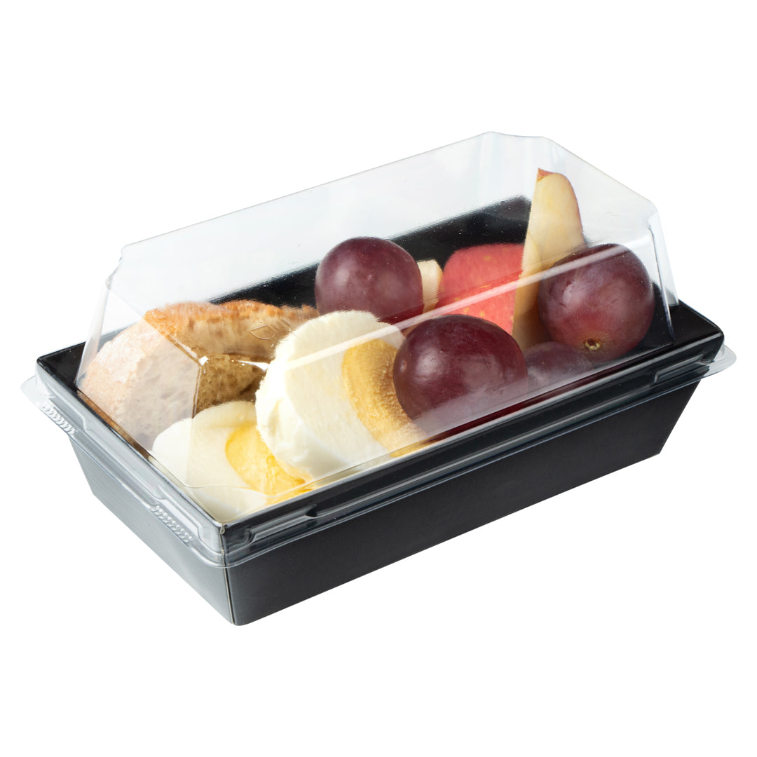 Matsuri Vision Rectangle Black Paper Small Sushi Container - 4 3/4" x 2 1/2" x 1 1/2" - 100 count box