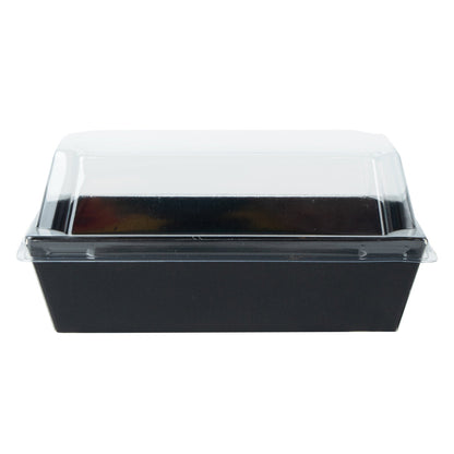 Matsuri Vision Rectangle Black Paper Small Sushi Container - 4 3/4" x 2 1/2" x 1 1/2" - 100 count box