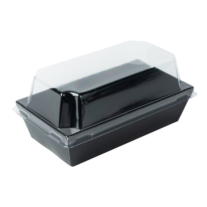 Matsuri Vision Rectangle Black Paper Small Sushi Container - 4 3/4" x 2 1/2" x 1 1/2" - 100 count box