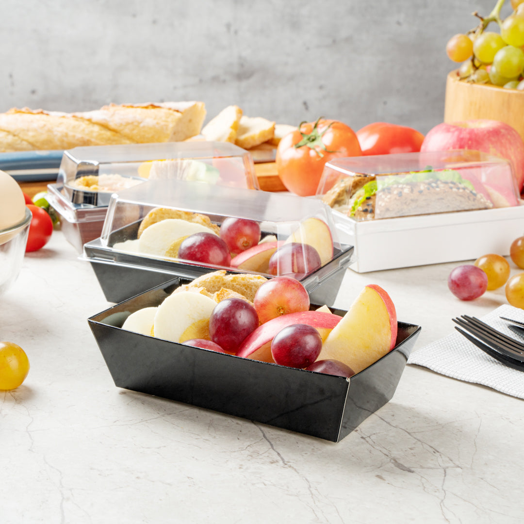 Matsuri Vision Rectangle Black Paper Small Sushi Container - 4 3/4" x 2 1/2" x 1 1/2" - 100 count box