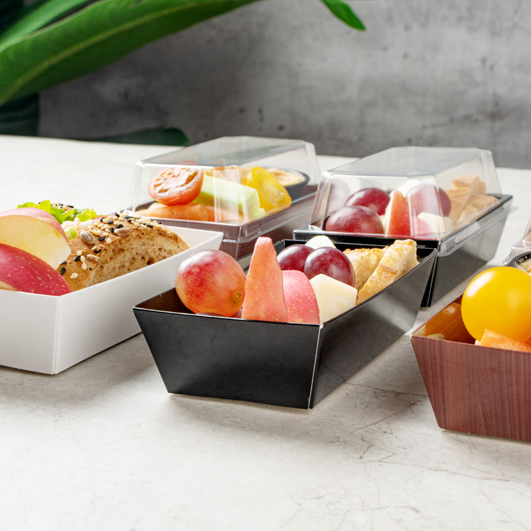 Matsuri Vision Rectangle Black Paper Small Sushi Container - 4 3/4" x 2 1/2" x 1 1/2" - 100 count box