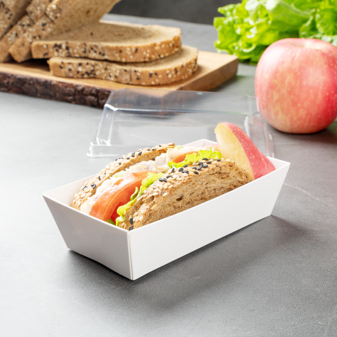 Matsuri Vision Rectangle White Paper Small Sushi Container - 4 3/4" x 2 1/2" x 1 1/2" - 100 count box