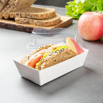 Matsuri Vision Rectangle White Paper Small Sushi Container - 4 3/4" x 2 1/2" x 1 1/2" - 100 count box