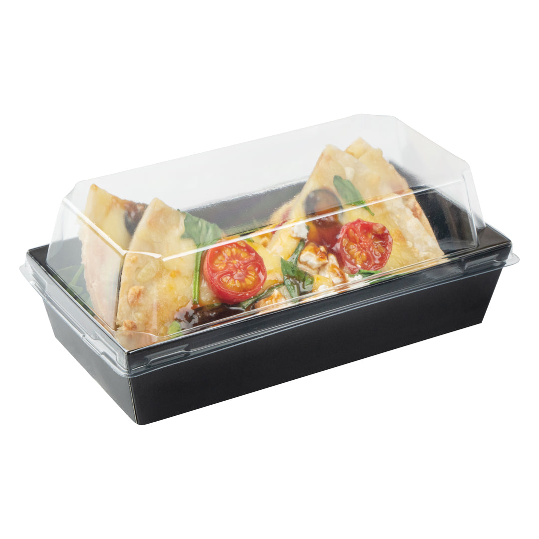 Matsuri Vision Rectangle Black Paper Medium Sushi Container - 5 1/2" x 2 3/4" x 1 1/2" - 100 count box