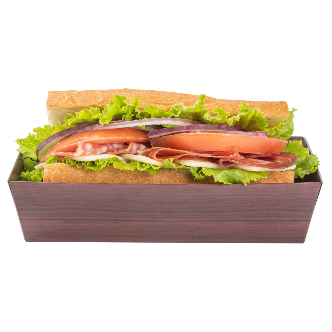 Matsuri Vision Wood Grain Paper Medium Sushi Container - 5 1/2" x 2 3/4" x 1 1/2" - 100 count box