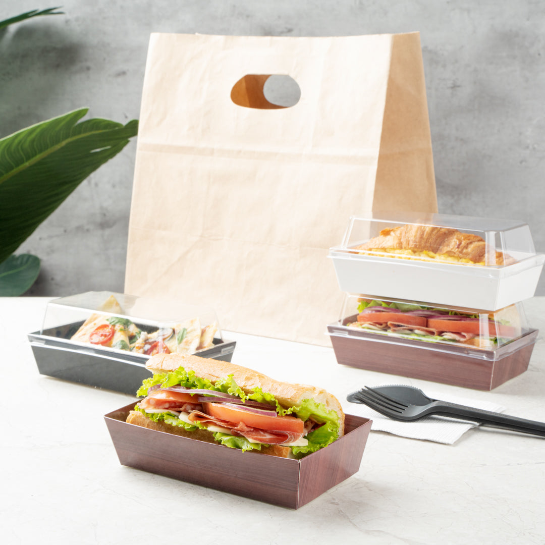 Matsuri Vision Wood Grain Paper Medium Sushi Container - 5 1/2" x 2 3/4" x 1 1/2" - 100 count box