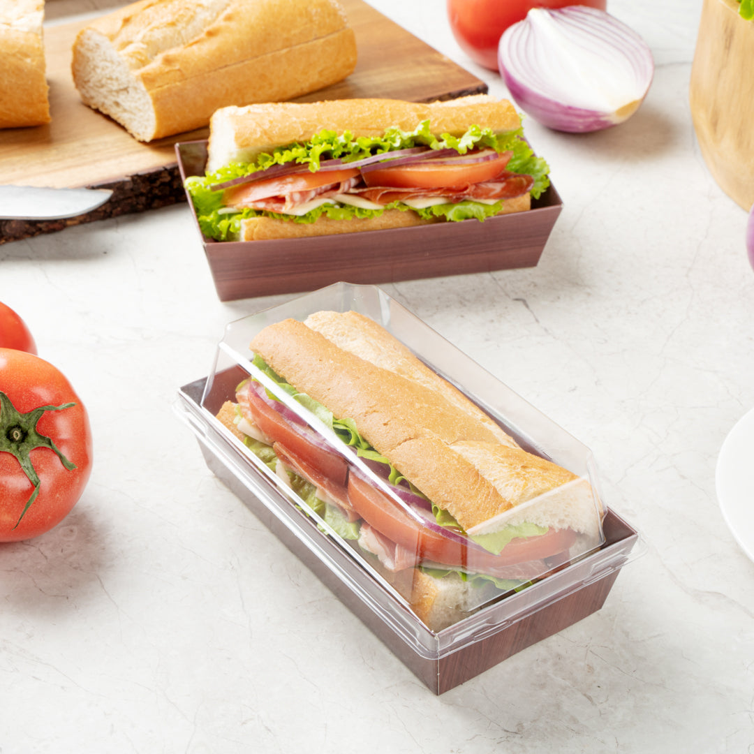 Matsuri Vision Wood Grain Paper Medium Sushi Container - 5 1/2" x 2 3/4" x 1 1/2" - 100 count box
