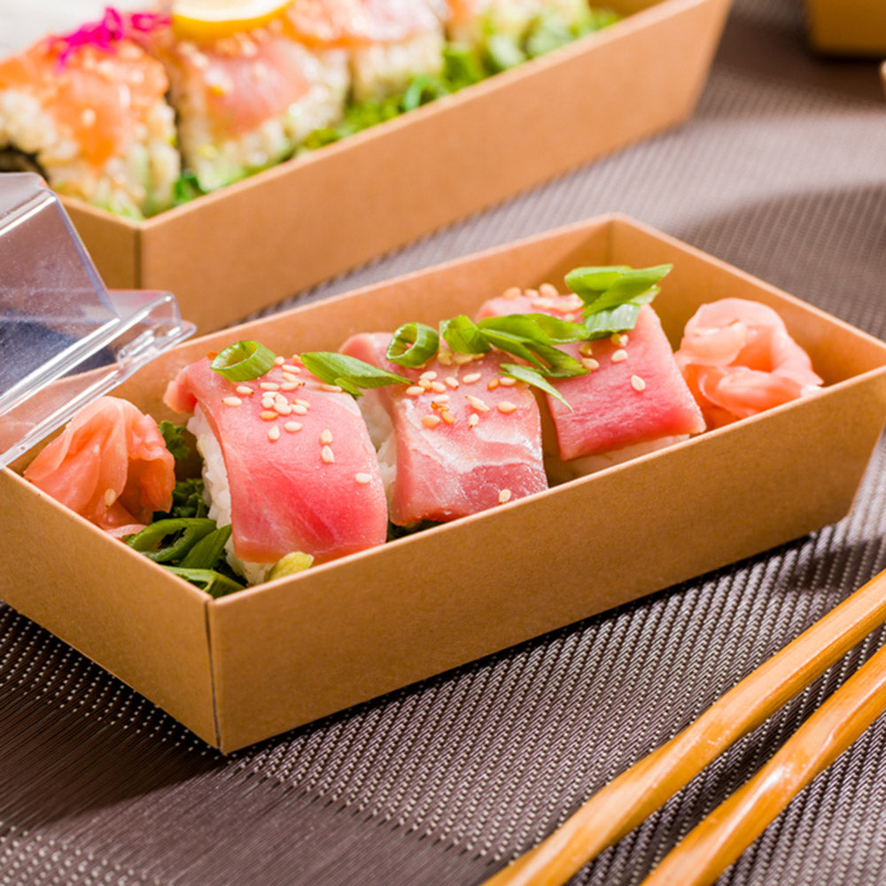Matsuri Vision Rectangle Kraft Paper Medium Sushi Container - 5 1/2" x 2 3/4" x 1 1/2" - 100 count box