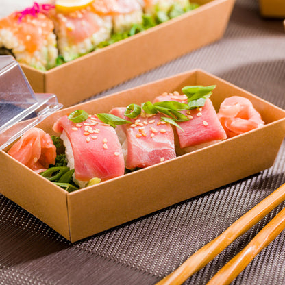 Matsuri Vision Rectangle Kraft Paper Medium Sushi Container - 5 1/2" x 2 3/4" x 1 1/2" - 100 count box