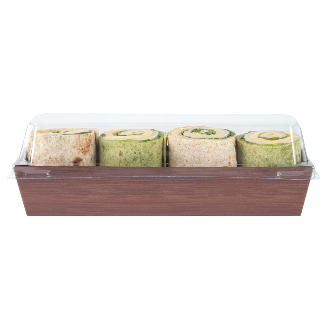 Matsuri Vision Wood Grain Paper Small Maki Sushi Container - 6 1/2" x 1 3/4" x 1 1/2" - 100 count box