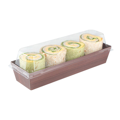 Matsuri Vision Wood Grain Paper Small Maki Sushi Container - 6 1/2" x 1 3/4" x 1 1/2" - 100 count box