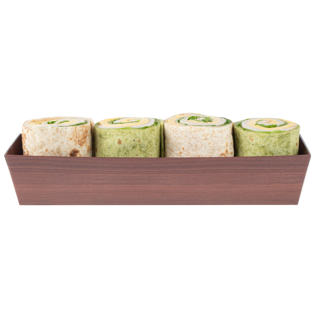 Matsuri Vision Wood Grain Paper Small Maki Sushi Container - 6 1/2" x 1 3/4" x 1 1/2" - 100 count box