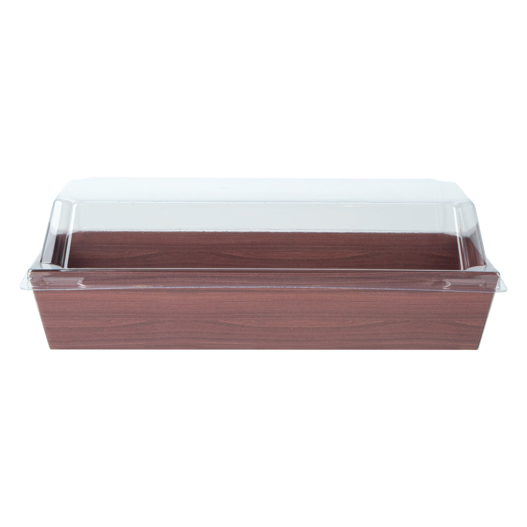 Matsuri Vision Wood Grain Paper Small Maki Sushi Container - 6 1/2" x 1 3/4" x 1 1/2" - 100 count box