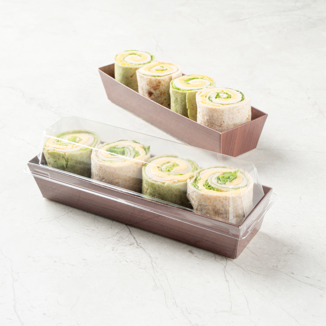 Matsuri Vision Wood Grain Paper Small Maki Sushi Container - 6 1/2" x 1 3/4" x 1 1/2" - 100 count box