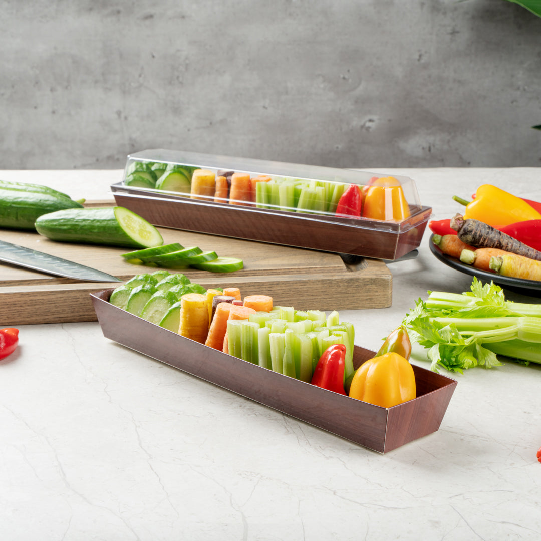 Matsuri Vision Wood Grain Paper Large Maki Sushi Container - 11 1/4" x 2" x 1 1/2" - 100 count box