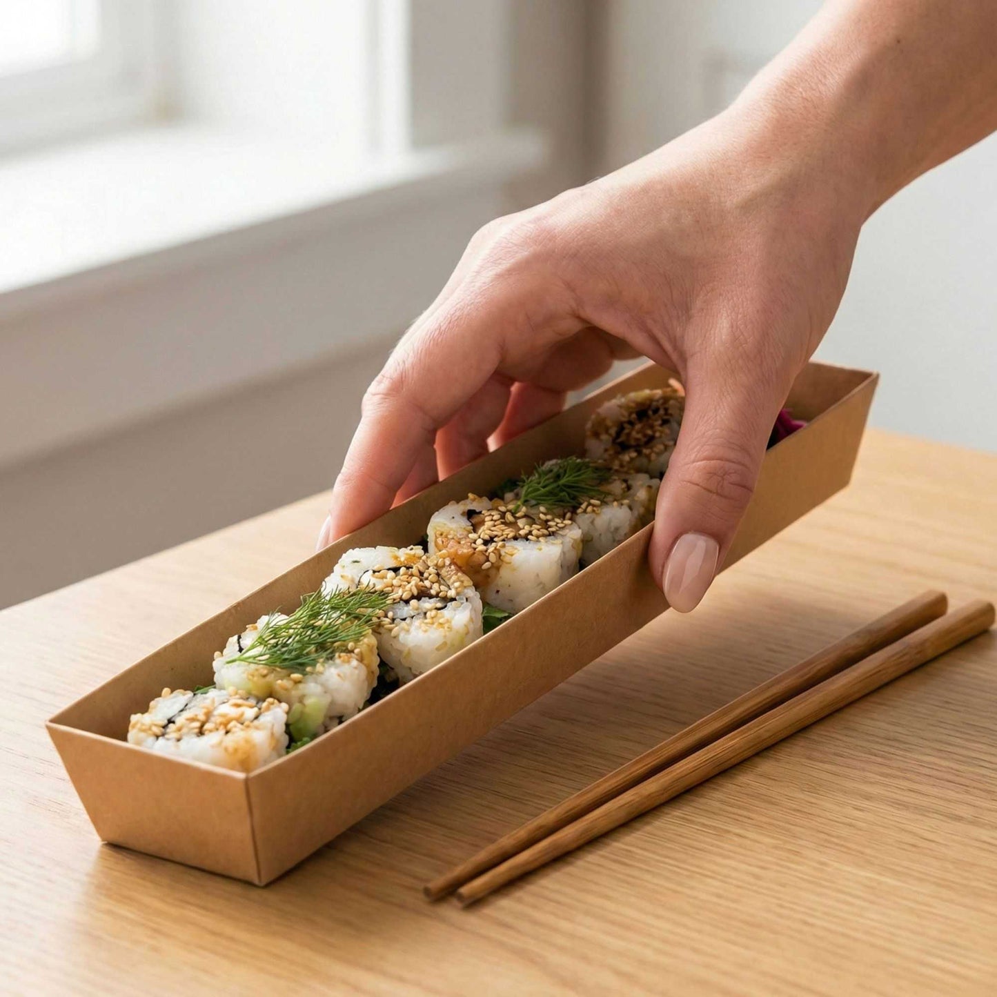 Matsuri Vision Kraft Paper Large Maki Sushi Container - 11 1/4" x 2" x 1 1/2" - 100 count box