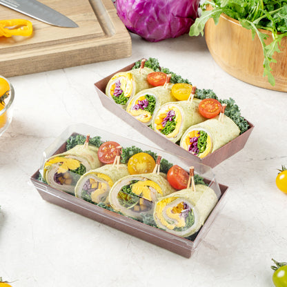 Matsuri Vision Rectangle Wood Grain Paper Large Sushi Container - 7" x 2 3/4" x 1 1/2" - 100 count box