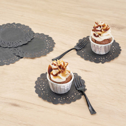 Pastry Tek Round Black Paper Doilies - Lace - 4" x 4" - 100 count box