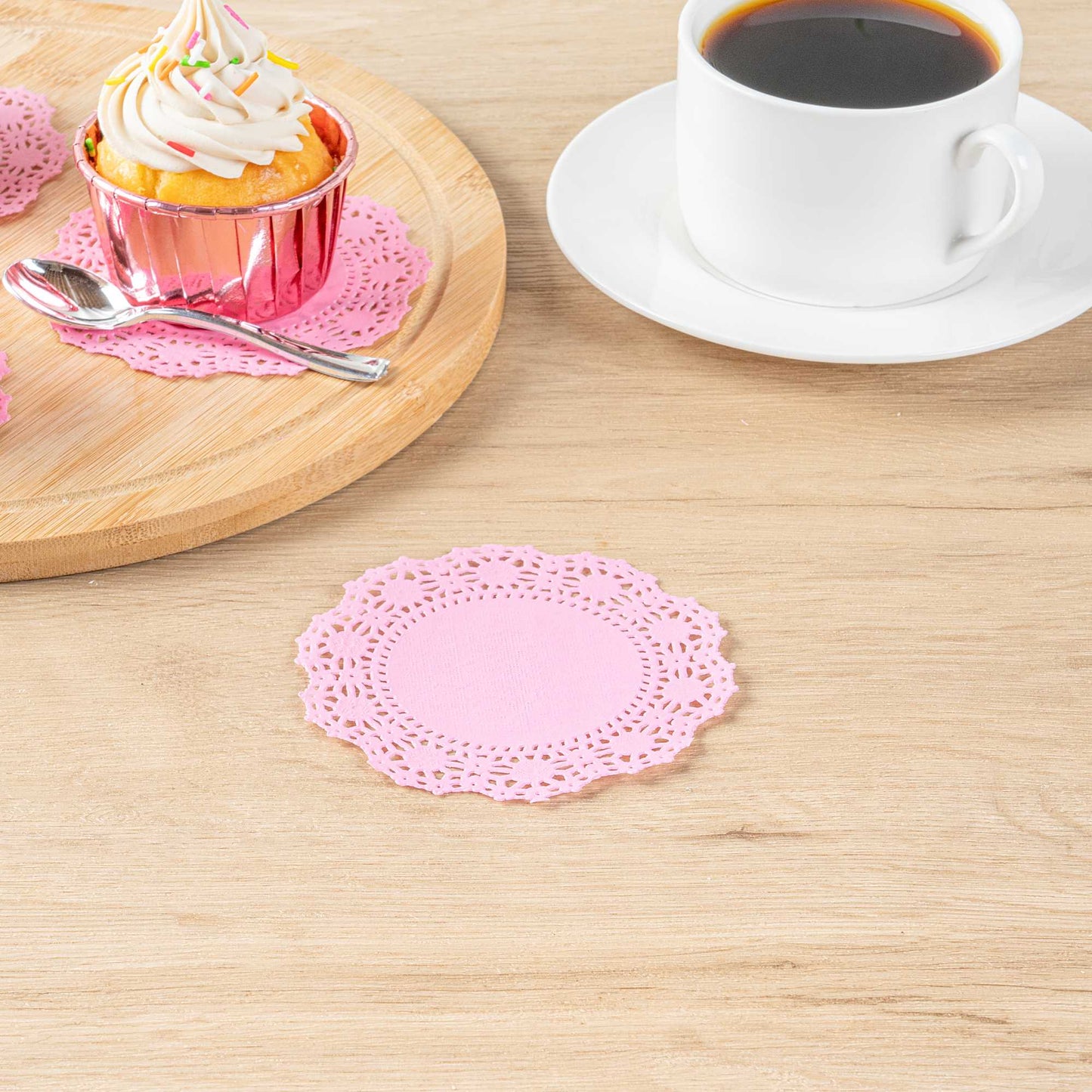 Pastry Tek Round Pink Paper Doilies - Lace - 4" x 4" - 100 count box