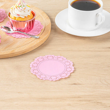 Pastry Tek Round Pink Paper Doilies - Lace - 4" x 4" - 100 count box