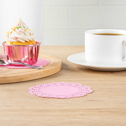 Pastry Tek Round Pink Paper Doilies - Lace - 4" x 4" - 100 count box