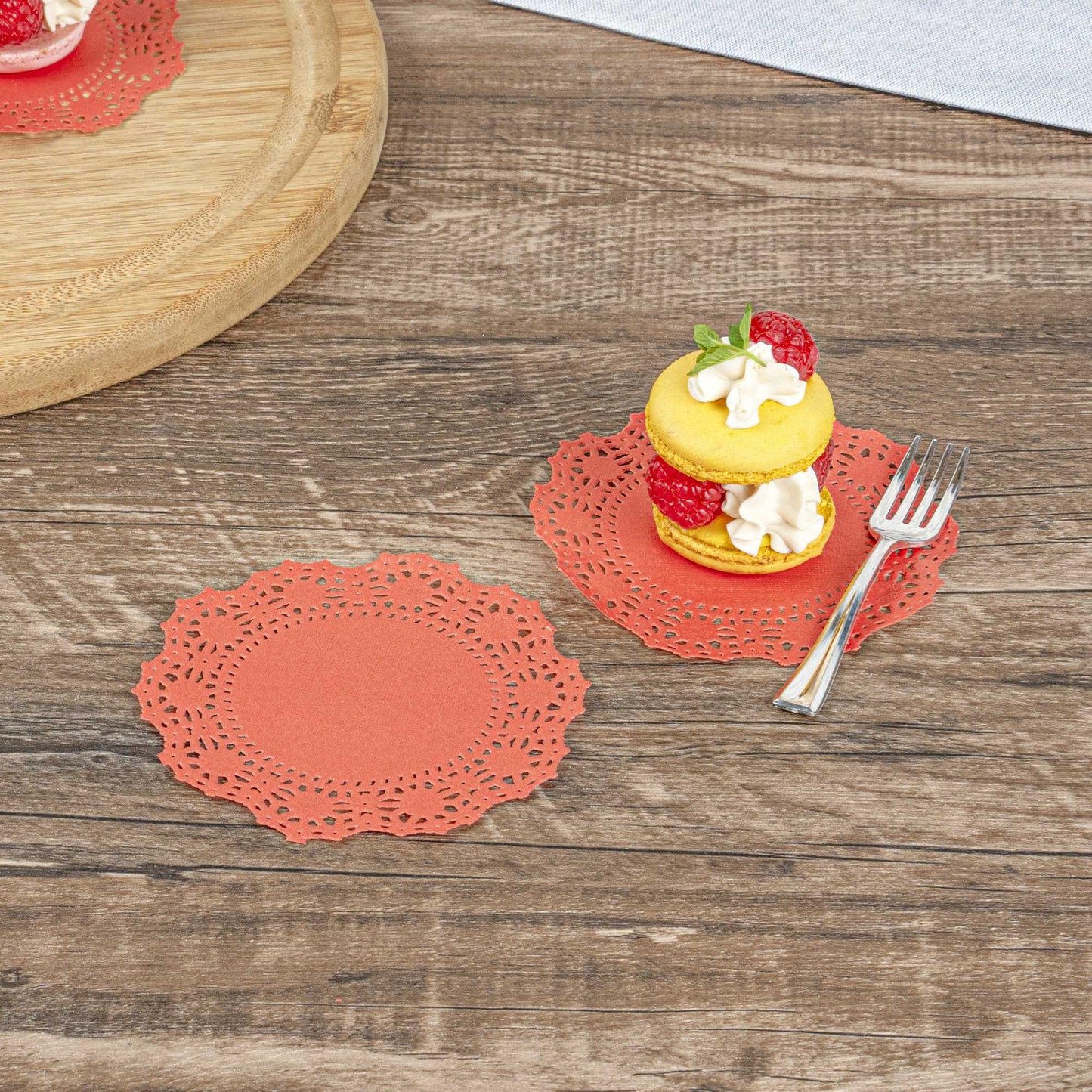 Pastry Tek Round Red Paper Doilies - Lace - 4" x 4" - 100 count box