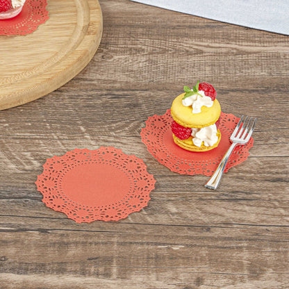 Pastry Tek Round Red Paper Doilies - Lace - 4" x 4" - 100 count box