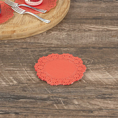 Pastry Tek Round Red Paper Doilies - Lace - 4" x 4" - 100 count box