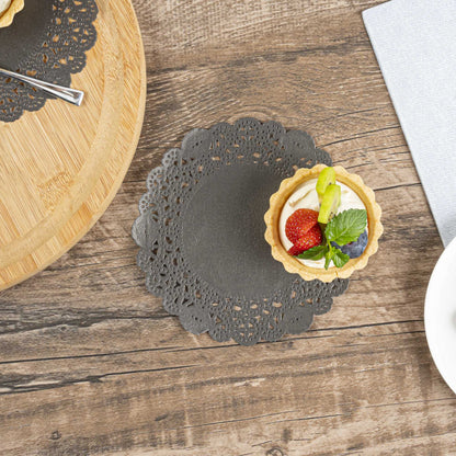 Pastry Tek Round Black Paper Doilies - Lace - 6" x 6" - 100 count box