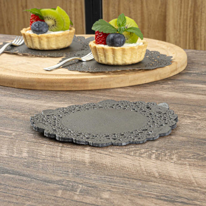 Pastry Tek Round Black Paper Doilies - Lace - 6" x 6" - 100 count box