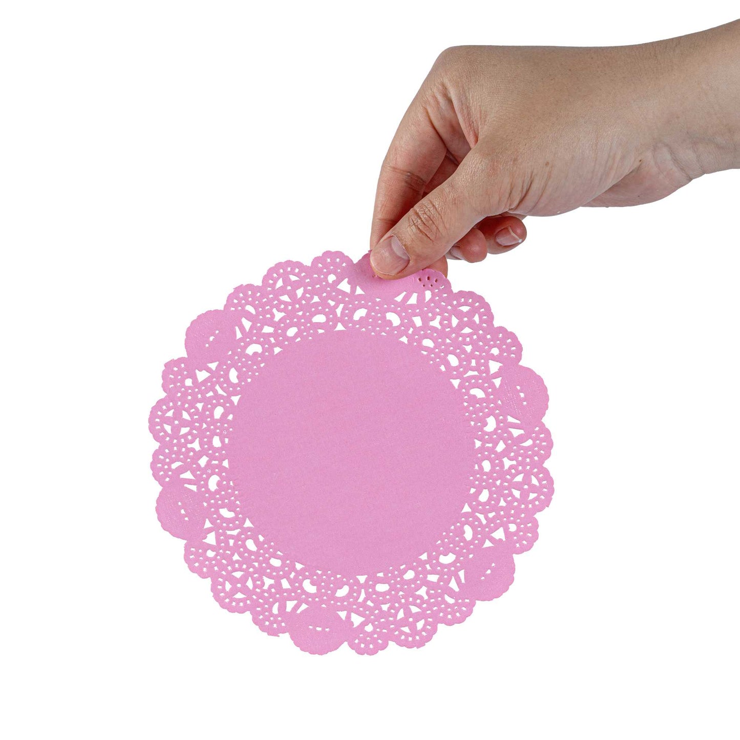 Pastry Tek Round Pink Paper Doilies - Lace - 6" x 6" - 100 count box