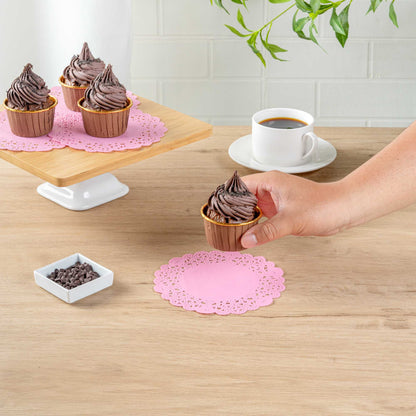 Pastry Tek Round Pink Paper Doilies - Lace - 6" x 6" - 100 count box