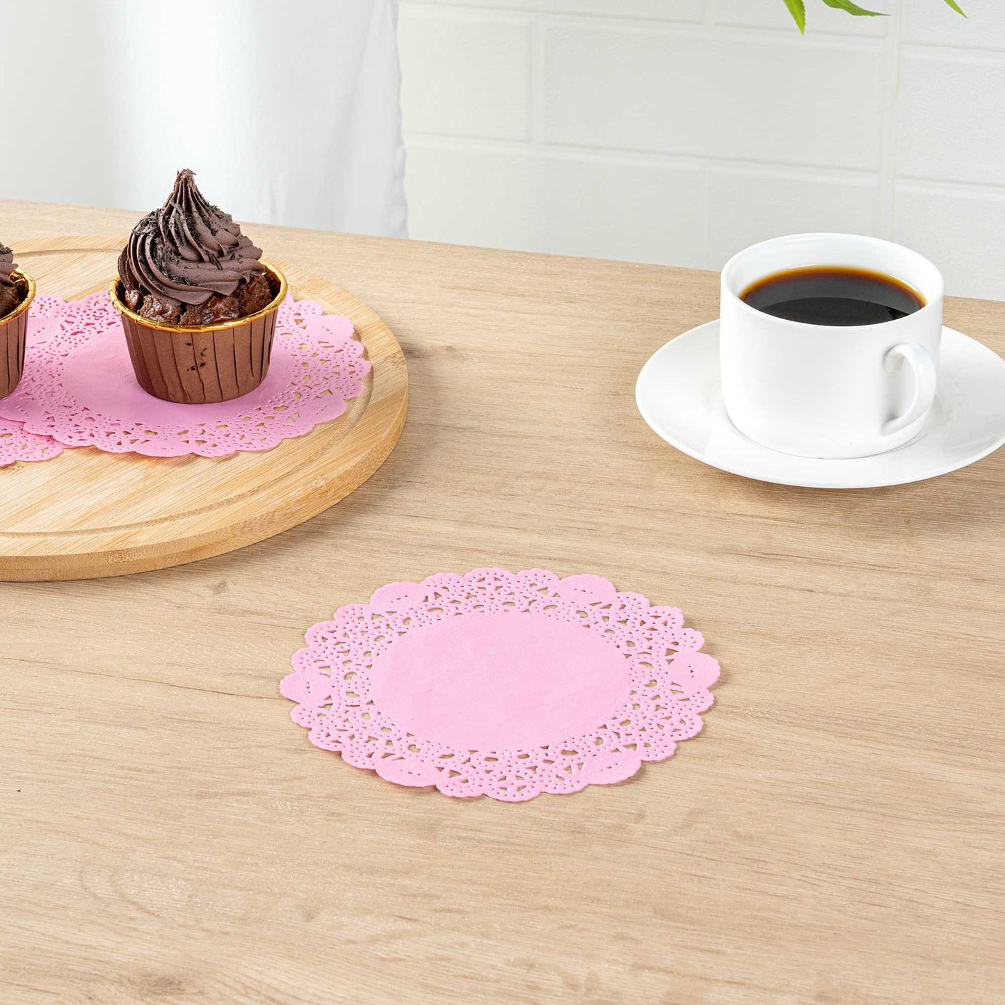 Pastry Tek Round Pink Paper Doilies - Lace - 6" x 6" - 100 count box