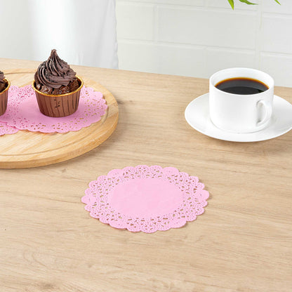 Pastry Tek Round Pink Paper Doilies - Lace - 6" x 6" - 100 count box