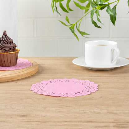 Pastry Tek Round Pink Paper Doilies - Lace - 6" x 6" - 100 count box
