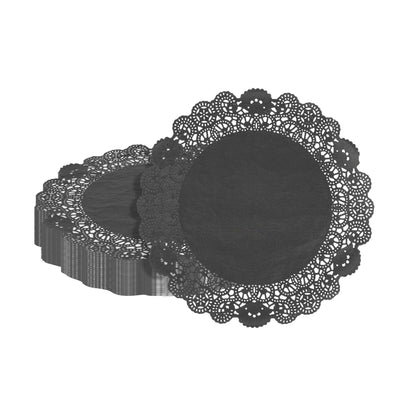 Pastry Tek Round Black Paper Doilies - Lace - 12" x 12" - 100 count box