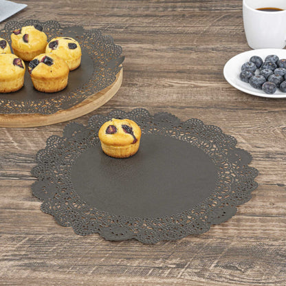Pastry Tek Round Black Paper Doilies - Lace - 12" x 12" - 100 count box