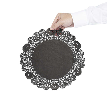 Pastry Tek Round Black Paper Doilies - Lace - 12" x 12" - 100 count box