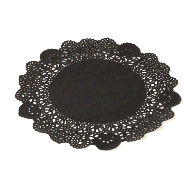 Pastry Tek Round Black Paper Doilies - Lace - 12" x 12" - 100 count box